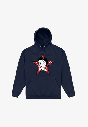 Granatowy hoodie z mieszanki bawełny z sznurkiem. Posiada grafikę czerwonej gwiazdy z białymi kropkami oraz postacią z kreskówki na środku.