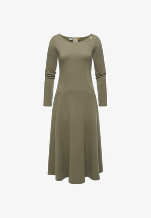 Olivroheline pika varrukaga kleit avara kaelusega, toestatud bodice ja laienev seelik; sisaldab külgõmbluste aktsente ja logo detaile õlal.