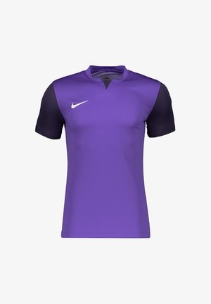 Maglietta sportiva viola con maniche corte nere, scollatura a giro e piccolo logo Nike bianco sul petto sinistro. Tessuto leggero e morbido.