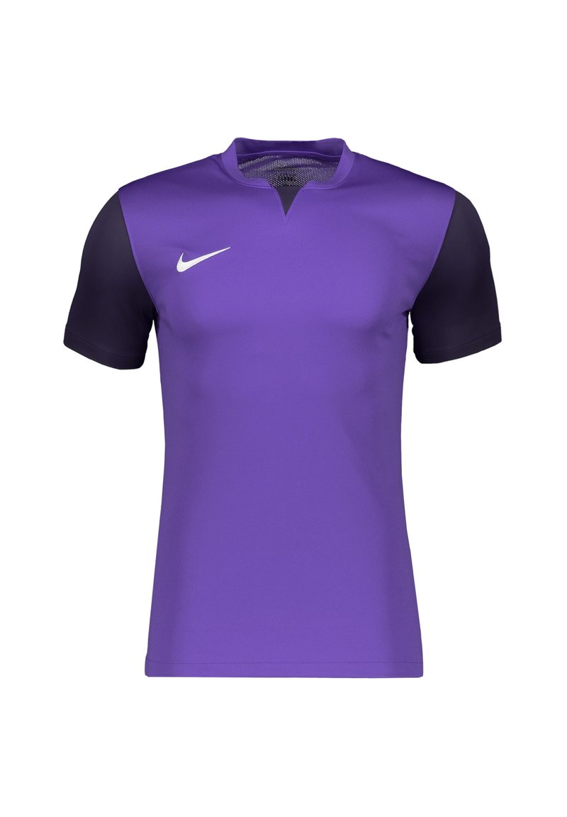 T-shirt de sport violet avec de courtes manches noires, col rond, et un petit logo Nike blanc sur la poitrine gauche. Tissu léger et lisse.