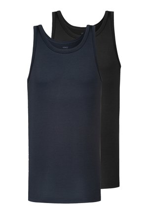 Due canotte smanicate semplici, una blu navy davanti e una nera dietro, esposte su sfondo bianco.