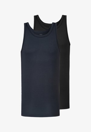 To ensfarvede ærmeløse toppe, en marineblå foran og en sort bagved, vist mod en hvid baggrund.