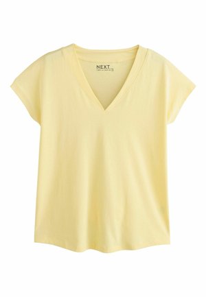 Tricou de bumbac galben deschis, cu mâneci scurte, decolteu în V și croială lejeră, așezat plat pe un fundal alb.