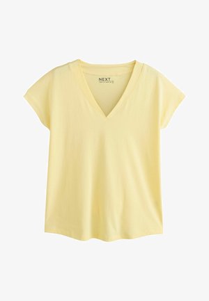 T-shirt en coton jaune clair à manches courtes, col en V et coupe décontractée, présenté à plat sur un fond blanc.