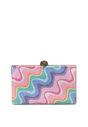 Pochette rectangulaire ornée de motifs ondulés multicolores avec de petits strass et un fermoir décoratif en forme d'oiseau sur le dessus.