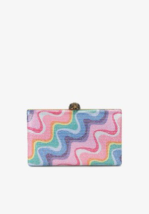 Rechthoekige clutch bedekt met meerkleurige golvende patronen met kleine rhinestones en een decoratieve vogelvormige sluiting bovenop.
