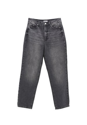 Jean en denim noir avec une coupe ample, design à cinq poches, finition délavée et coutures contrastées. Fermeture par bouton à l'avant et passants de ceinture.