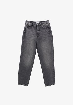 Černé džíny z denimu s volným střihem, designem s pěti kapsami, vybledlým vzhledem a kontrastním prošíváním. Přední zapínání na knoflík a poutka na opasek.