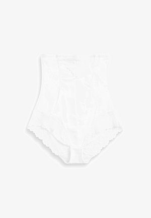 Witte hooggetailleerde ondergoed met een kantafwerking rond de randen en een driehoekige kantaccent op de tailleband. Gladde textuur.
