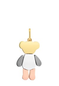 Colgante de oso de dibujos animados metálico en oro, plata y oro rosa con una cabeza sobredimensionada, brazos pequeños y patas rosas más grandes. Acabado pulido, diseño divertido.