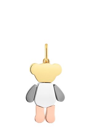 Colgante de oso de dibujos animados metálico en oro, plata y oro rosa con una cabeza sobredimensionada, brazos pequeños y patas rosas más grandes. Acabado pulido, diseño divertido.