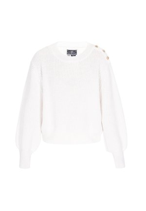 White knitted sweater featuring a round neckline, balloon sleeves, and three decorative buttons on the left shoulder.