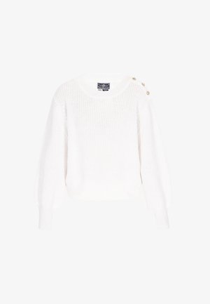 Biely pletený sveter s okrúhlym výstrihom, balónovými rukávmi a tromi dekoračnými gombíkmi na ľavom ramene.