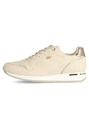 Beige Sneaker aus strukturiertem Stoff, mit einem metallisch goldenen Akzent an der Ferse und dem Logo. Weiße Gummisohle mit Zickzack-Profil.