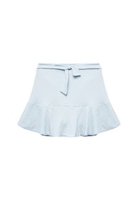 Lichtblauwe gestructureerde miniskirt met een gerimpelde zoom en een zelfstrikbare riem in de taille.