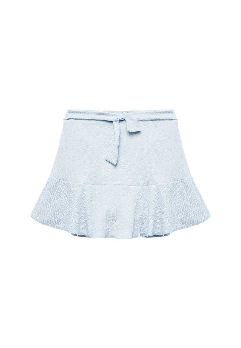 Lichtblauwe gestructureerde miniskirt met een gerimpelde zoom en een zelfstrikbare riem in de taille.