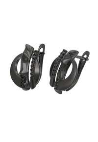 Orecchini a cerchio neri con accenti texturizzati e una fila di piccoli cristalli neri per ulteriore dettaglio. Design con chiusura sicura.