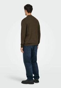 Maglione marrone lavorato a maglia con colletto, indossato con jeans blu scuro. Vista posteriore che mostra linee semplici e pulite e dettagli a coste sui polsini. Scarpe nere.