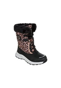 Sorte og lyserøde leopardmønstrede vinterstøvler med faux fur-for, struktureret overdel, gummisål og justerbare snørebånd for en sikker pasform.