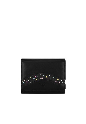 Black leather wallet with a curved design, featuring a colorful polka dot pattern on a black accent. Logo embossed at the bottom.