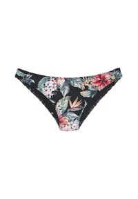 Ziedu bikini apakšdaļa ar melnu fonu, kas rotāta ar dzīvotspējīgiem rozā, oranžiem un zaļiem tropu rakstiem. Elastīgs materiāls ar šuvēm.