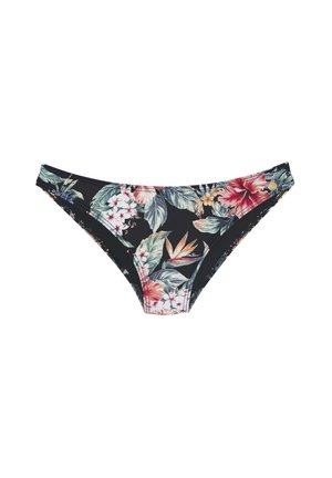 Kvetinové bikiny s čiernym pozadím, so živými ružovými, oranžovými a zelenými tropickými motívmi. Elastický materiál s prešitými švami.