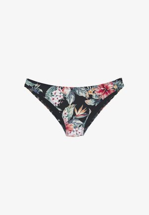 Bikini-Höschen mit floralem Muster auf schwarzem Hintergrund, mit lebhaften pinken, orangen und grünen tropischen Mustern. Elastisches Material mit genähten Nähten.