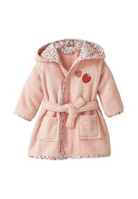 Pink hooded bathrobe with a fuzzy texture. Features strawberry embroidery and floral-patterned lining and trim. Includes two front pockets.