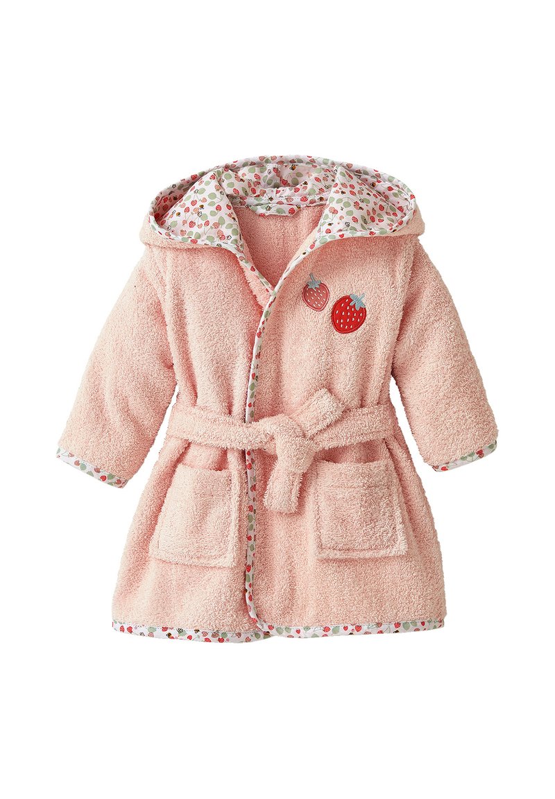 Pink hooded bathrobe with a fuzzy texture. Features strawberry embroidery and floral-patterned lining and trim. Includes two front pockets.