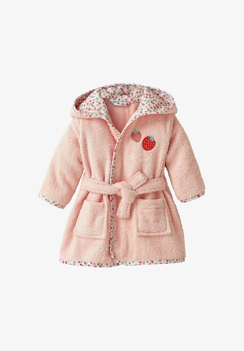 Pink hooded bathrobe with a fuzzy texture. Features strawberry embroidery and floral-patterned lining and trim. Includes two front pockets.