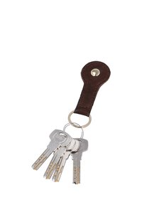 Set of five silver keys on a metal ring with a brown leather key fob featuring a metal snap button.