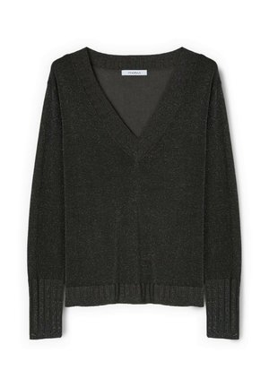 Schwarzer Pullover mit V-Ausschnitt und langen Ärmeln, gerippten Bündchen und Saum, dezenter glitzernder Struktur und einem kleinen Markenetikett innen am Halsausschnitt.