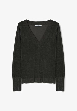 Czarny sweter z długim rękawem i dekoltem w serek, z prążkowanymi mankietami i dołem, subtelną błyszczącą fakturą oraz małą metką marki wewnątrz linii szyi.