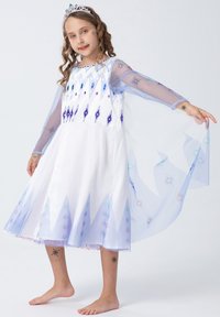 White dress with sheer blue sleeves, diamond patterns in blue and purple, textured layers, and a cape-like extension.