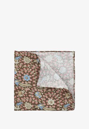 Bawełniany szalik z brązowym wzorem kwiatowym z jednej strony i jasnoszarym wzorem kwiatowym z drugiej, z niebieskimi i czerwonymi akcentami.