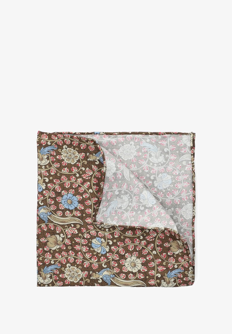 Bawełniany szalik z brązowym wzorem kwiatowym z jednej strony i jasnoszarym wzorem kwiatowym z drugiej, z niebieskimi i czerwonymi akcentami.
