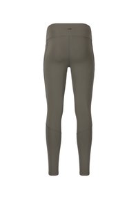Olivengrüne Leggings mit nahtlosem Design, ausgestattet mit strukturierten Einsätzen an den unteren Beinen und einem breiten Bund. Glattes, dehnbares Material.