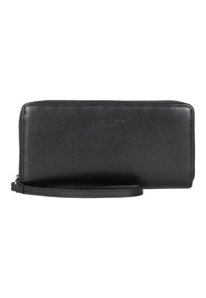 Zwarte leren portemonnee met een gladde textuur, ritsluiting en een afneembare polsriem. Voorzien van een reliëf merklogo aan de voorkant.