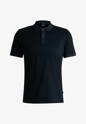 Marineblå polo shirt lavet af glat stof. Har en klassisk krave, tre-knaps placket og korte ærmer med ribbede manchetter.