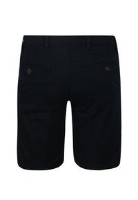 Marineblauwe katoenen shorts met een gladde textuur, twee achterzakken met knoopsluitingen en gestikte details langs de tailleband en de zoom.