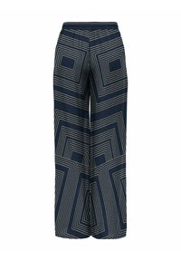 Široké kalhoty z tmavého materiálu, zdobené geometrickým vzorem překrývajících se čtverců v béžové barvě. Elastický pas pro pohodlí.