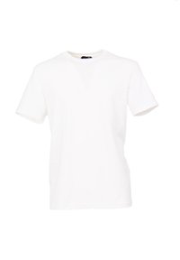 Witte T-shirt met korte mouwen van katoen, met een eenvoudige ronde hals en een gladde textuur, zonder zichtbare patronen of accenten.