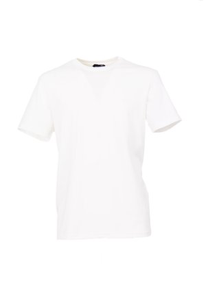 Witte T-shirt met korte mouwen van katoen, met een eenvoudige ronde hals en een gladde textuur, zonder zichtbare patronen of accenten.
