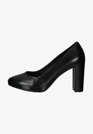 Black patent leather high heel pump with rounded toe, textured platform, and chunky heel. Sleek design with minimal accents.