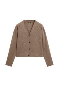 Cardigan marrone realizzato in materiale morbido, con scollatura a V, spalle basse e cinque bottoni neri frontali. Design a lunghezza cropped.