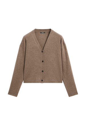 Brauner Cardigan aus weichem Material, mit V-Ausschnitt, schmalen Schultern und fünf schwarzen Knöpfen auf der Vorderseite. Kurzes Design.