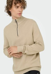 Tânăr cu păr curly, purtând un pulover bej texturat cu fermoar jumătate, privind la o parte, cu mâinile ușor împreunate.