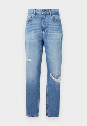 Blugi din denim de culoare albastru deschis, cu talie înaltă, picioare drepte și detalii uzate în față. Au un stil clasic cu cinci buzunare.