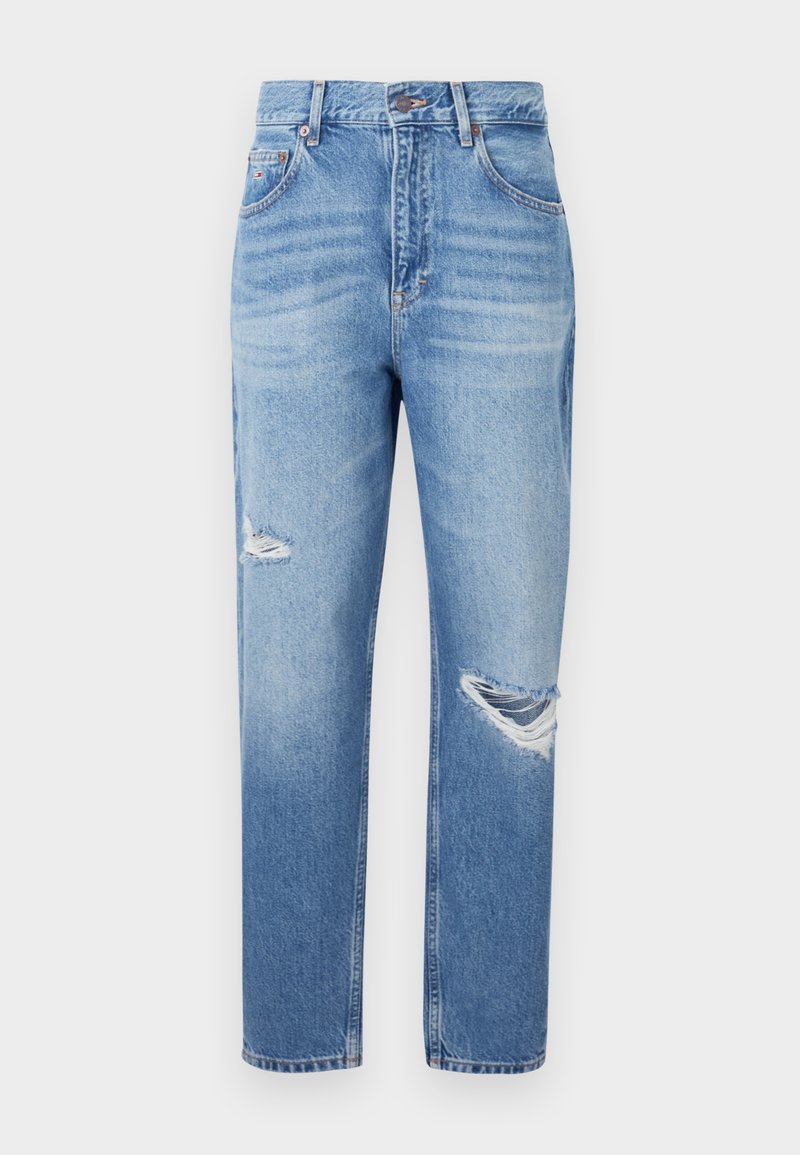 Jean en denim bleu clair avec taille haute, jambe droite et détails déchirés à l'avant. Comporte un style classique à cinq poches.