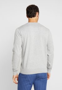 Maglione girocollo grigio realizzato in materiale morbido, con maniche lunghe e polsini e orlo a coste. La vista posteriore mostra una texture liscia e semplicità.